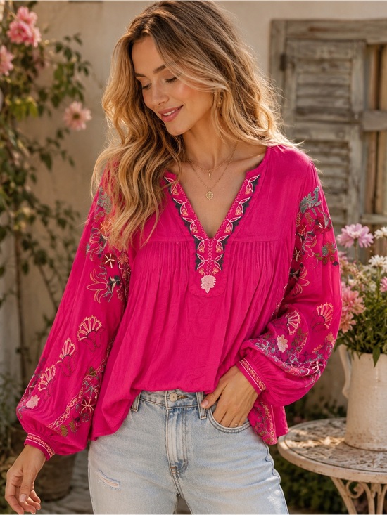 easel Tops - Easel Sz S Pink Embroidered Boho Peasant Blouse Balloon Sleeve Rayon